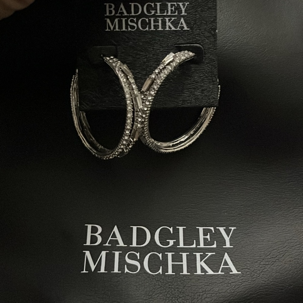 NWOT Badgley Mischka Two Row Baguette Rhinestone Split Hoop Earrings
